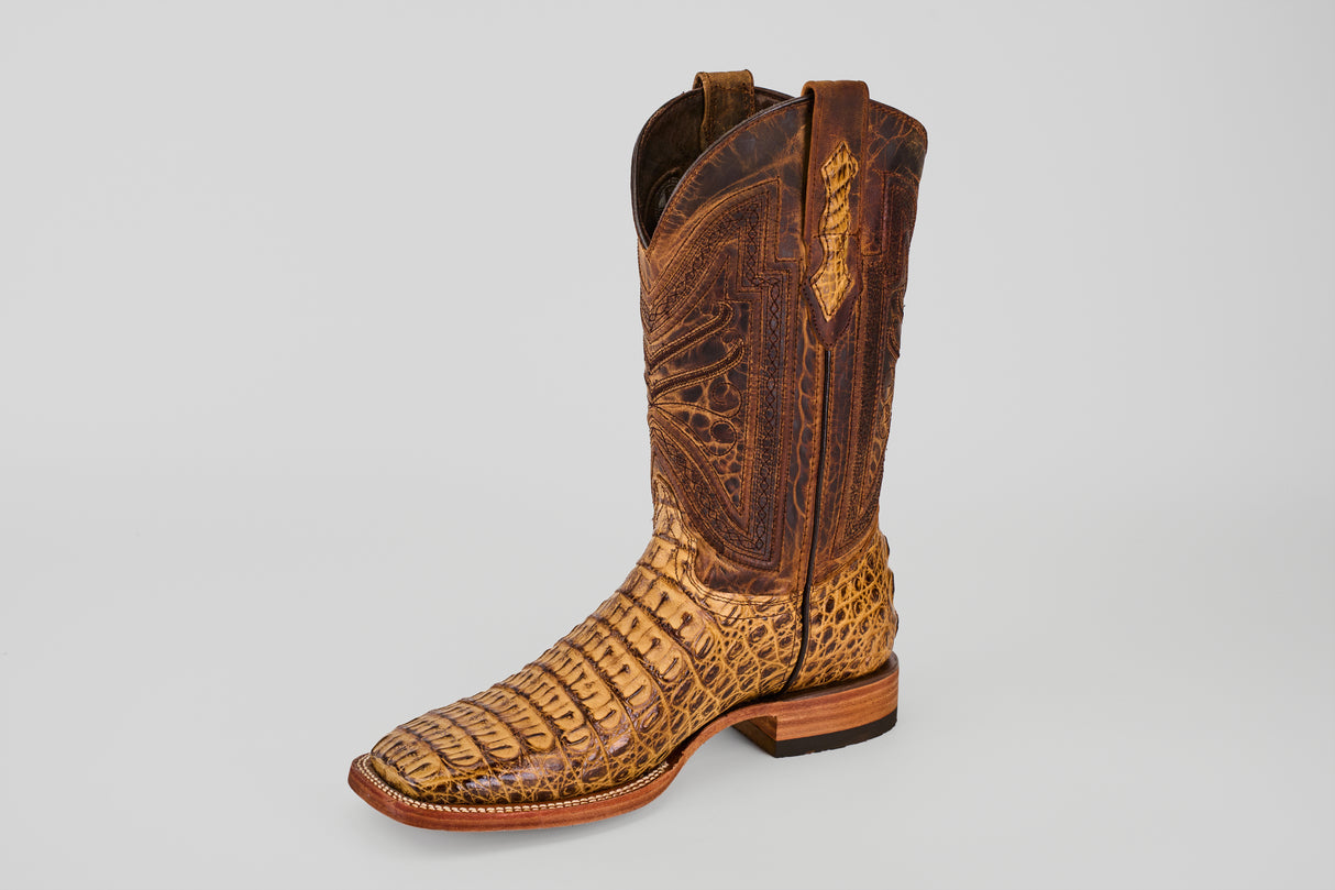 The Exotic Caiman Horn Back - Biza Camel - Square Toe boot features detailed stitching and a reptile-like textured leather in brown, shown against a plain light gray background—ideal for fans of exotic leather boots.