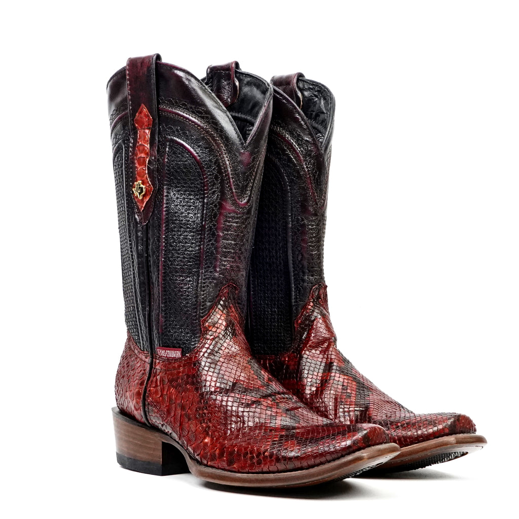 Tanner Python Boots – Ruby Red – Narrow Square Toe (DP100) - Gomez Western Wear