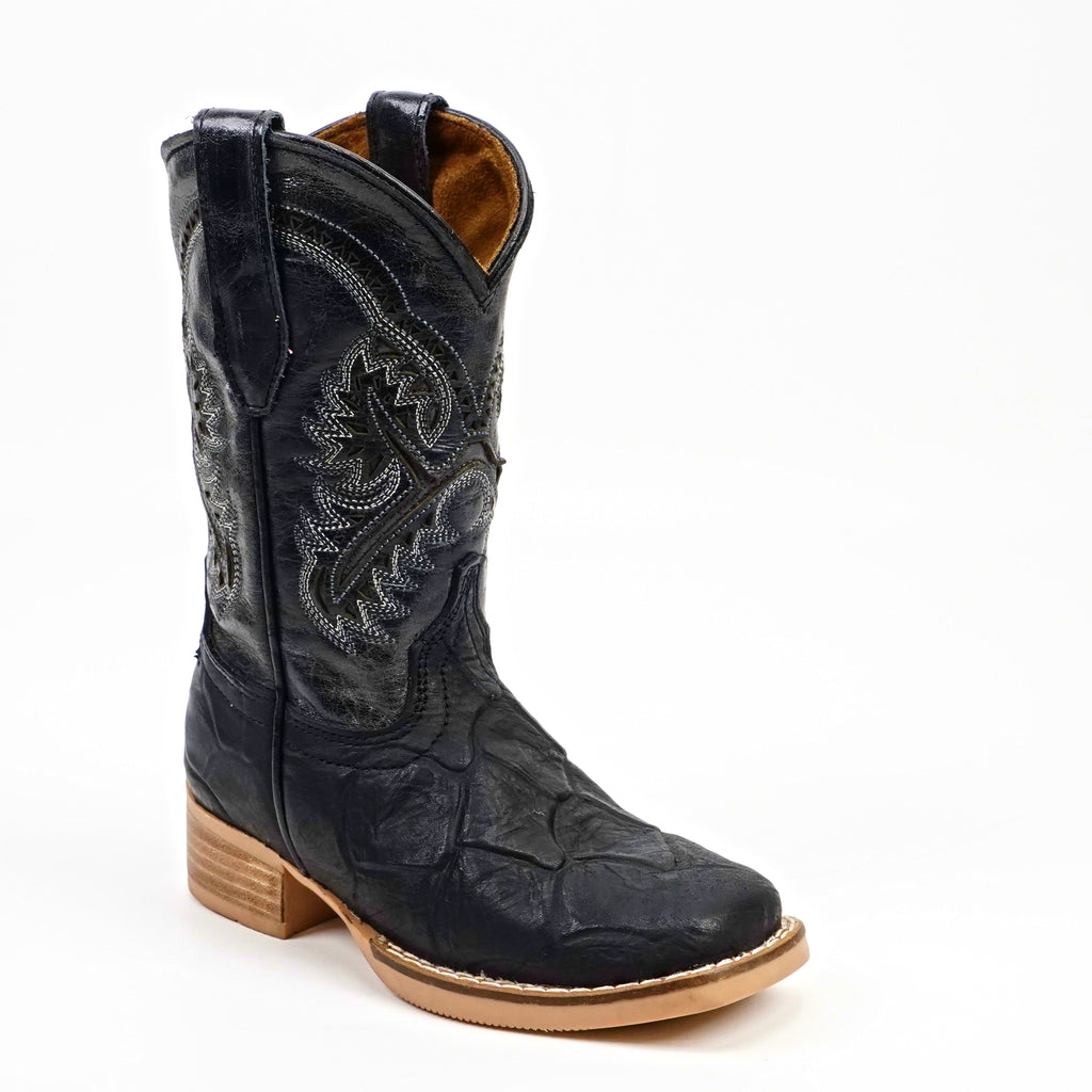 Black Pirarucu Fish - Embossed Leather Kids Boots - Square Toe (K92-1)