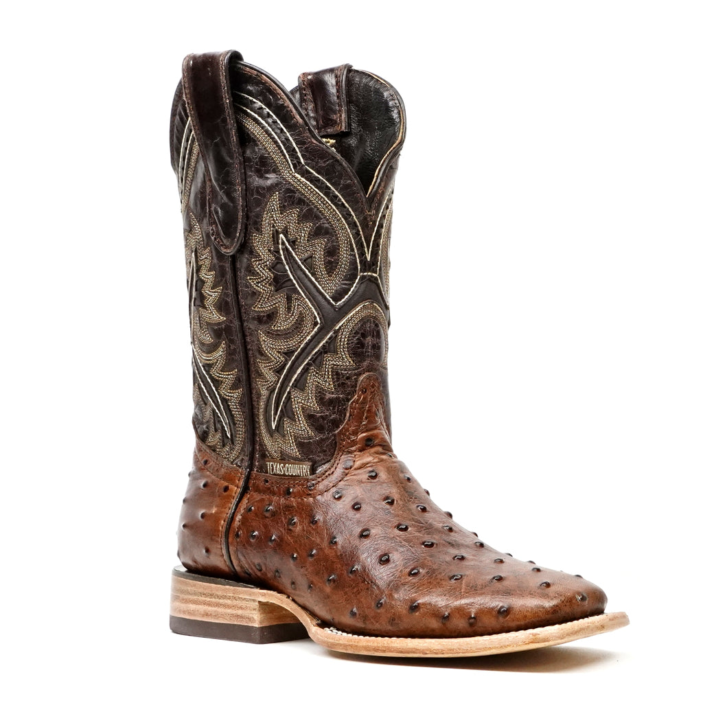 Ostrich Choco Boots (Youth) - Embossed Leather - Square Toe (E424)