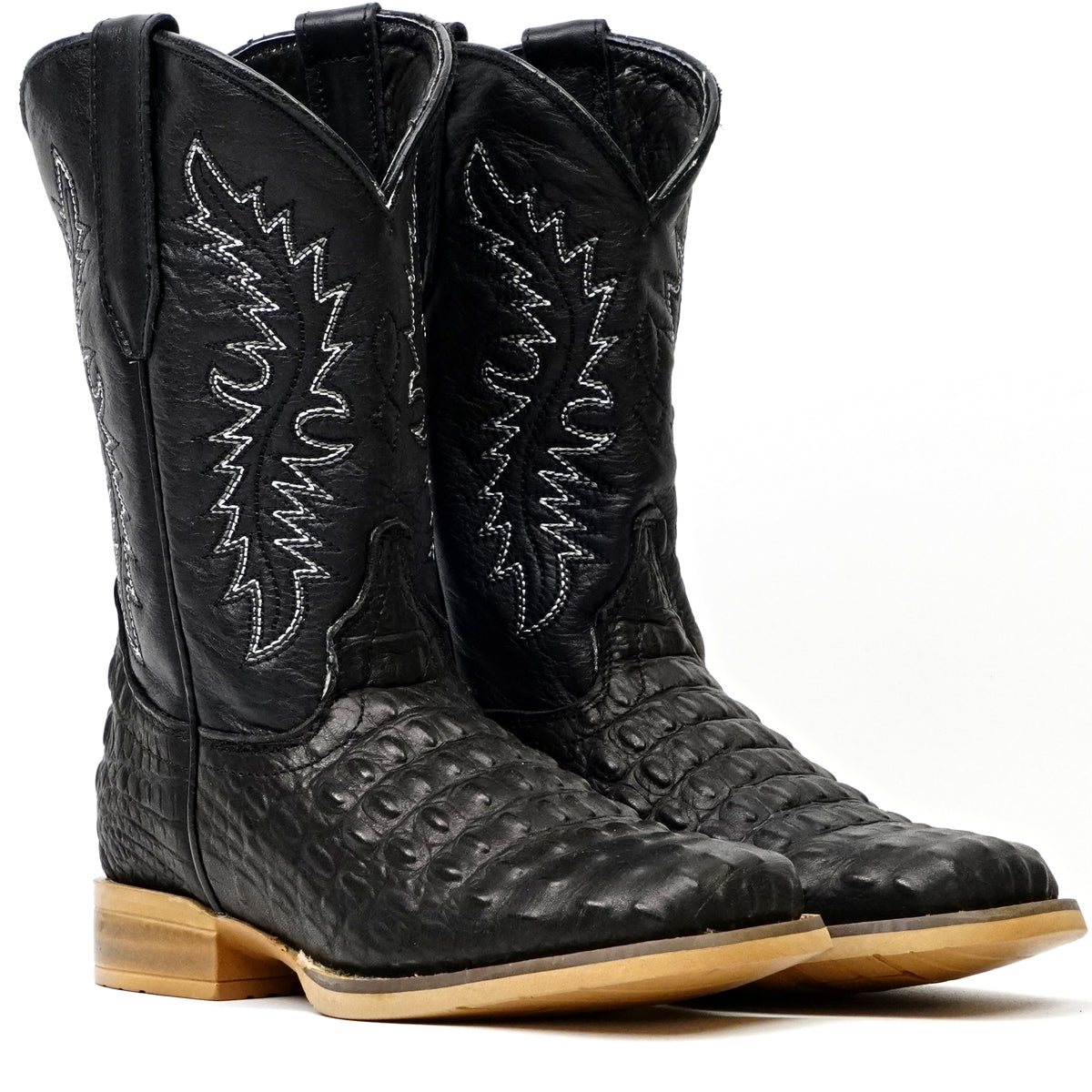 Kids Crocodile Black Boots - Embossed Leather - Square Toe (K10-1)