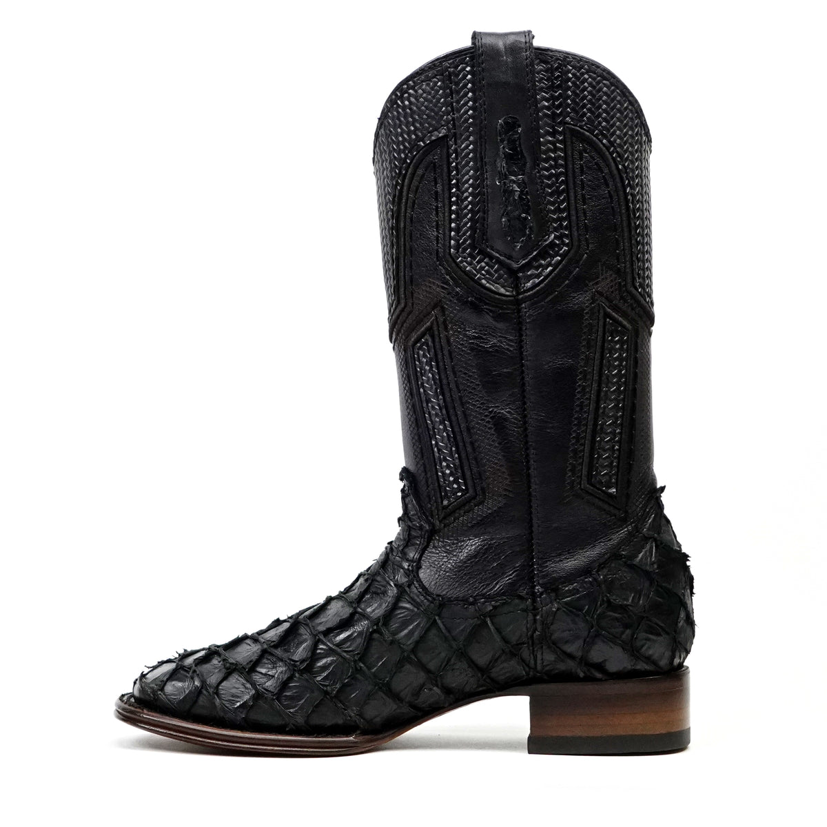 Connor Platinum Pirarucu Fish Boots - Black - Square Toe