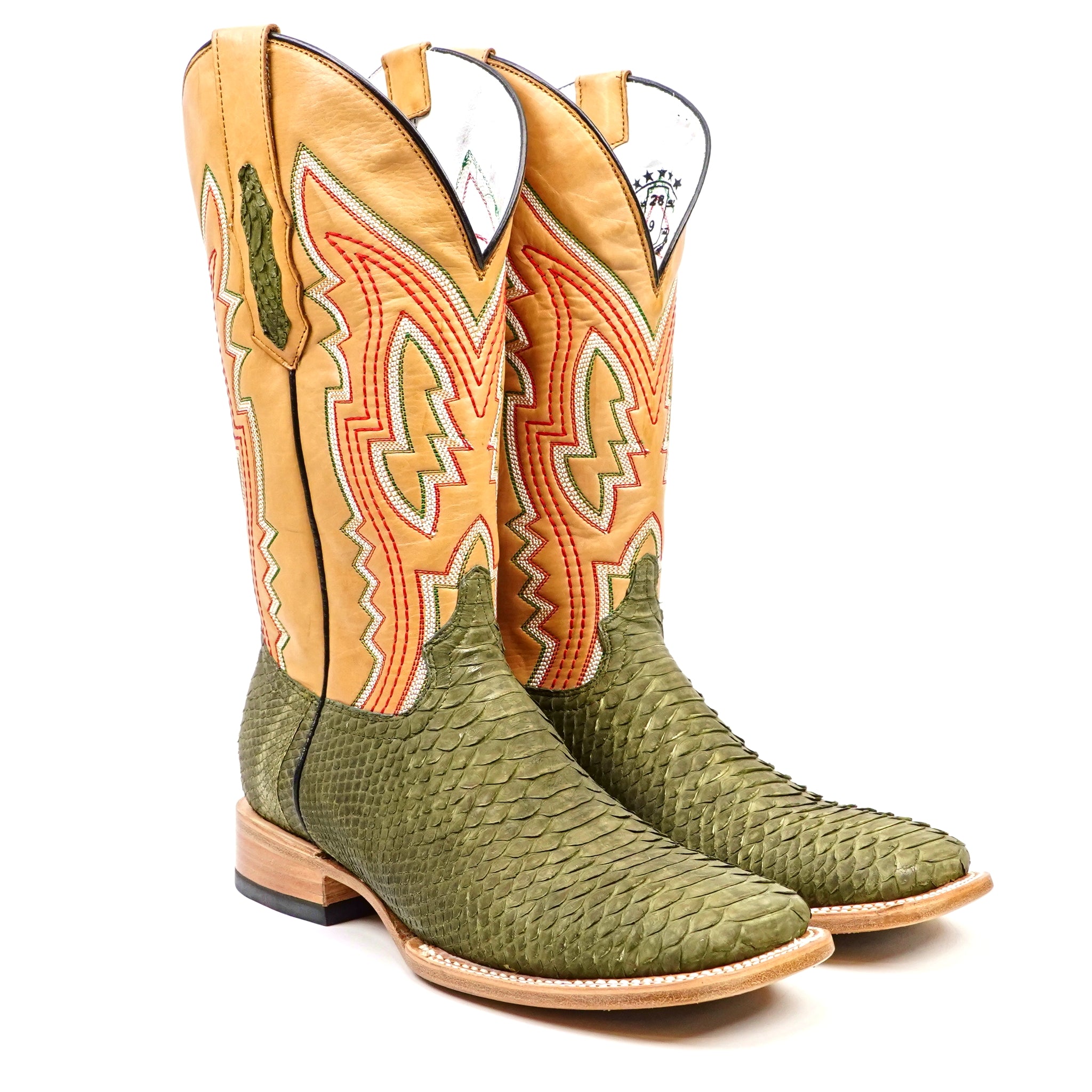 Braxton Python Boots - Olive - Square Toe