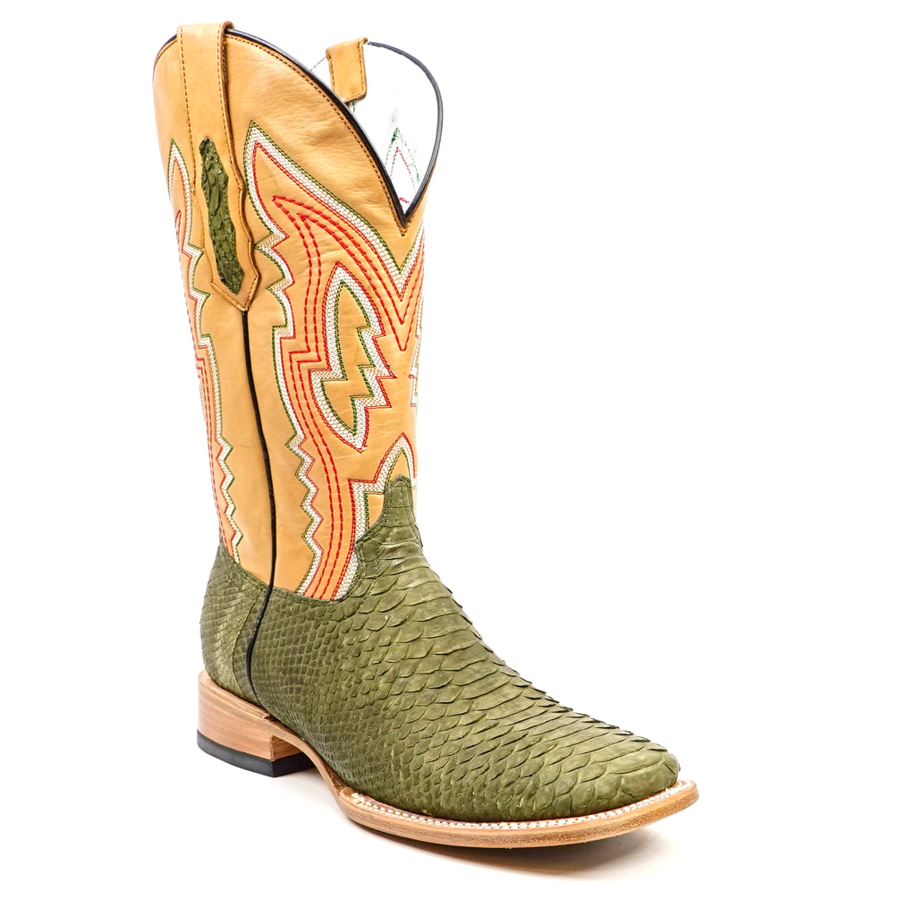 Braxton Python Boots - Olive - Square Toe