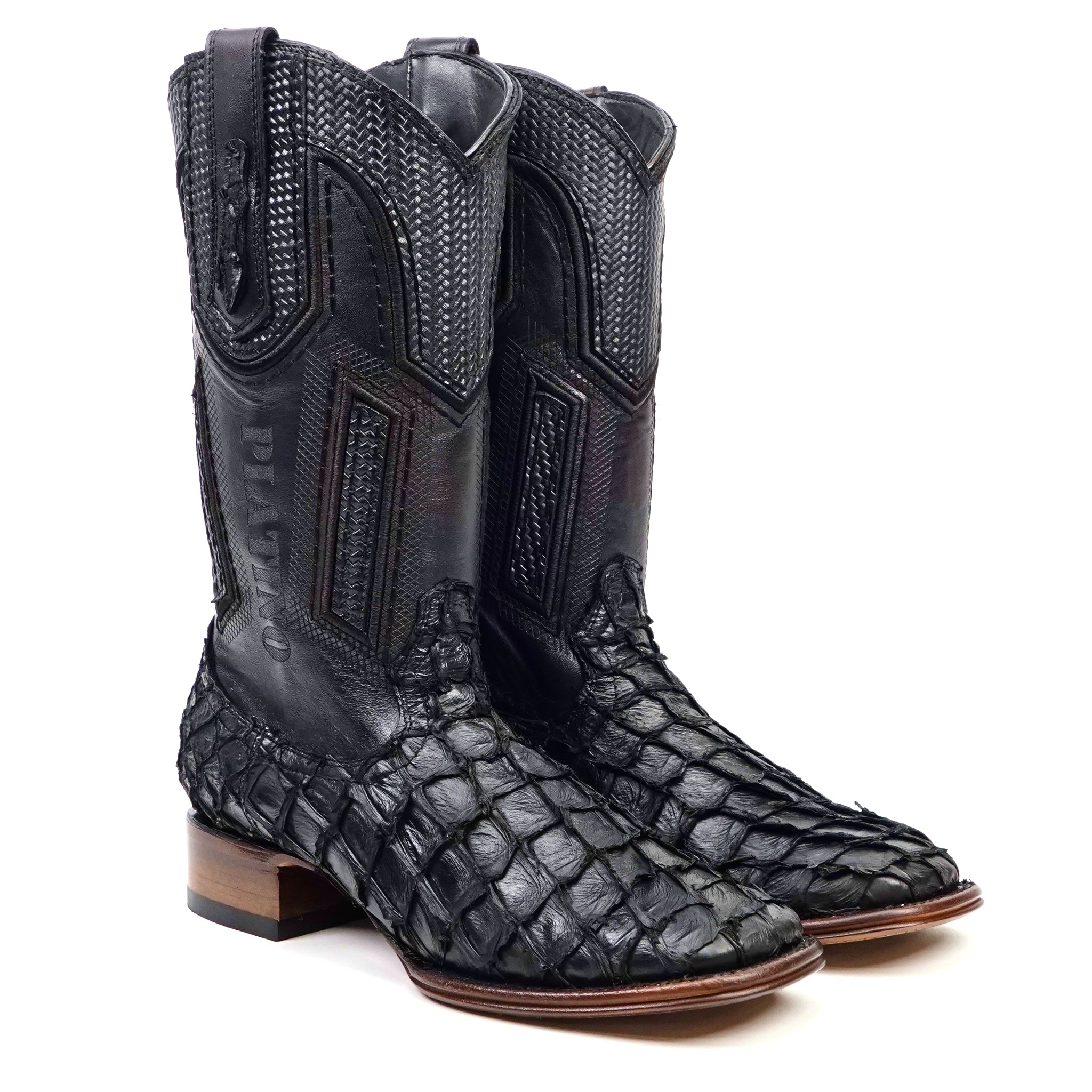Connor Platinum Pirarucu Fish Boots - Black - Square Toe