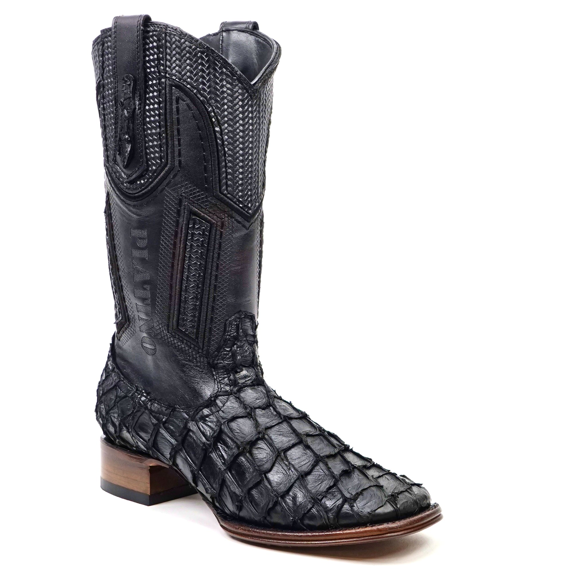 Connor Platinum Pirarucu Fish Boots - Black - Square Toe