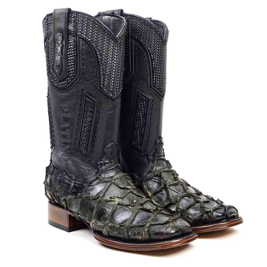 Connor Platinum Pirarucu Fish Boots - Sapphire Black - Square Toe