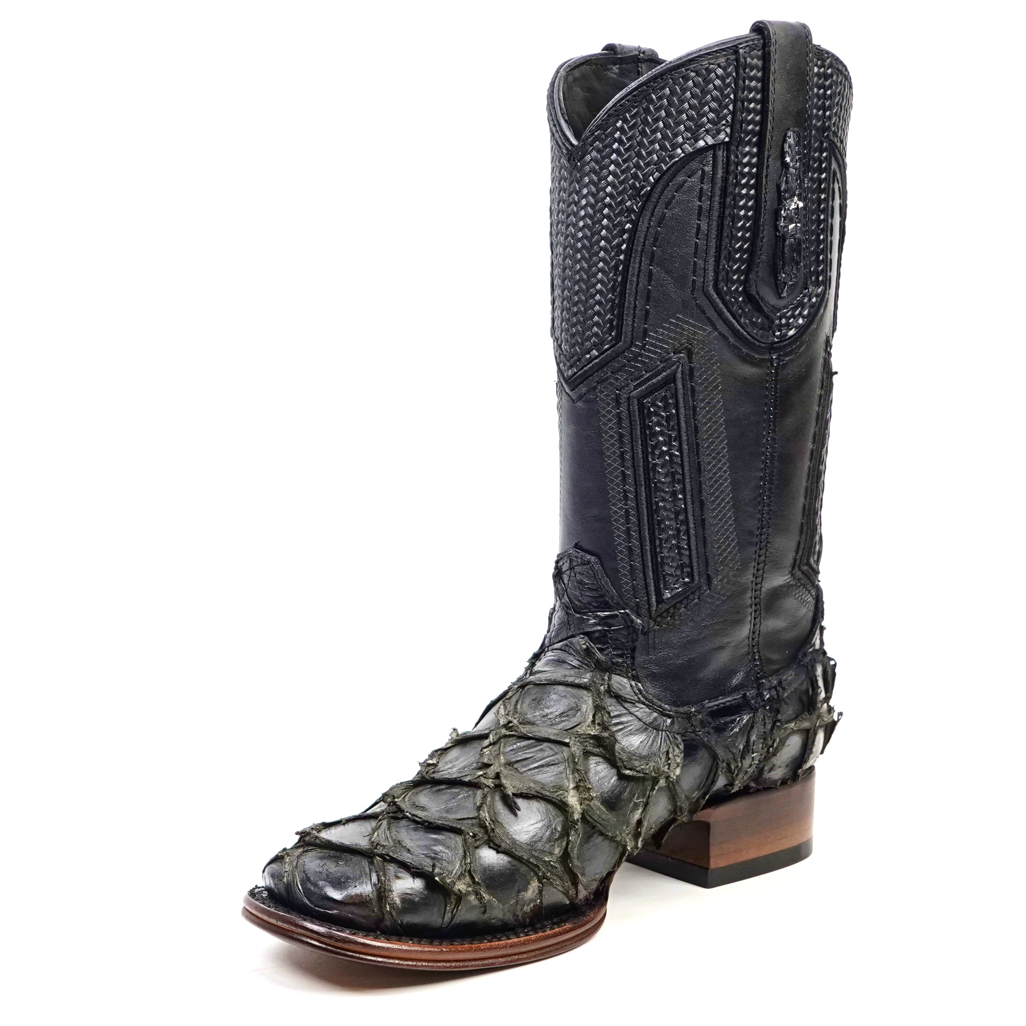 Connor Platinum Pirarucu Fish Boots - Sapphire Black - Square Toe