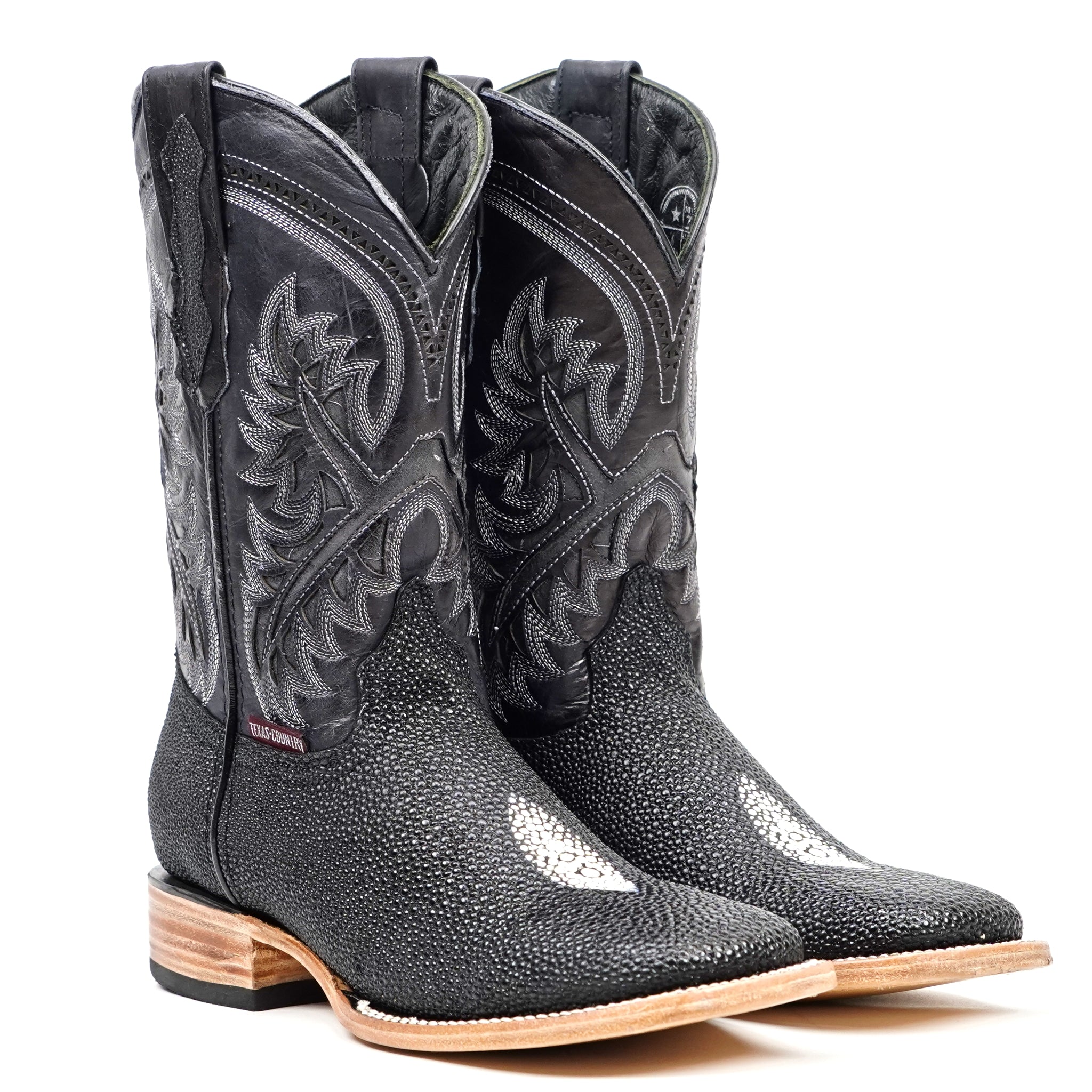 Stingray Black Boots - Embossed Leather - Square Toe (E442)