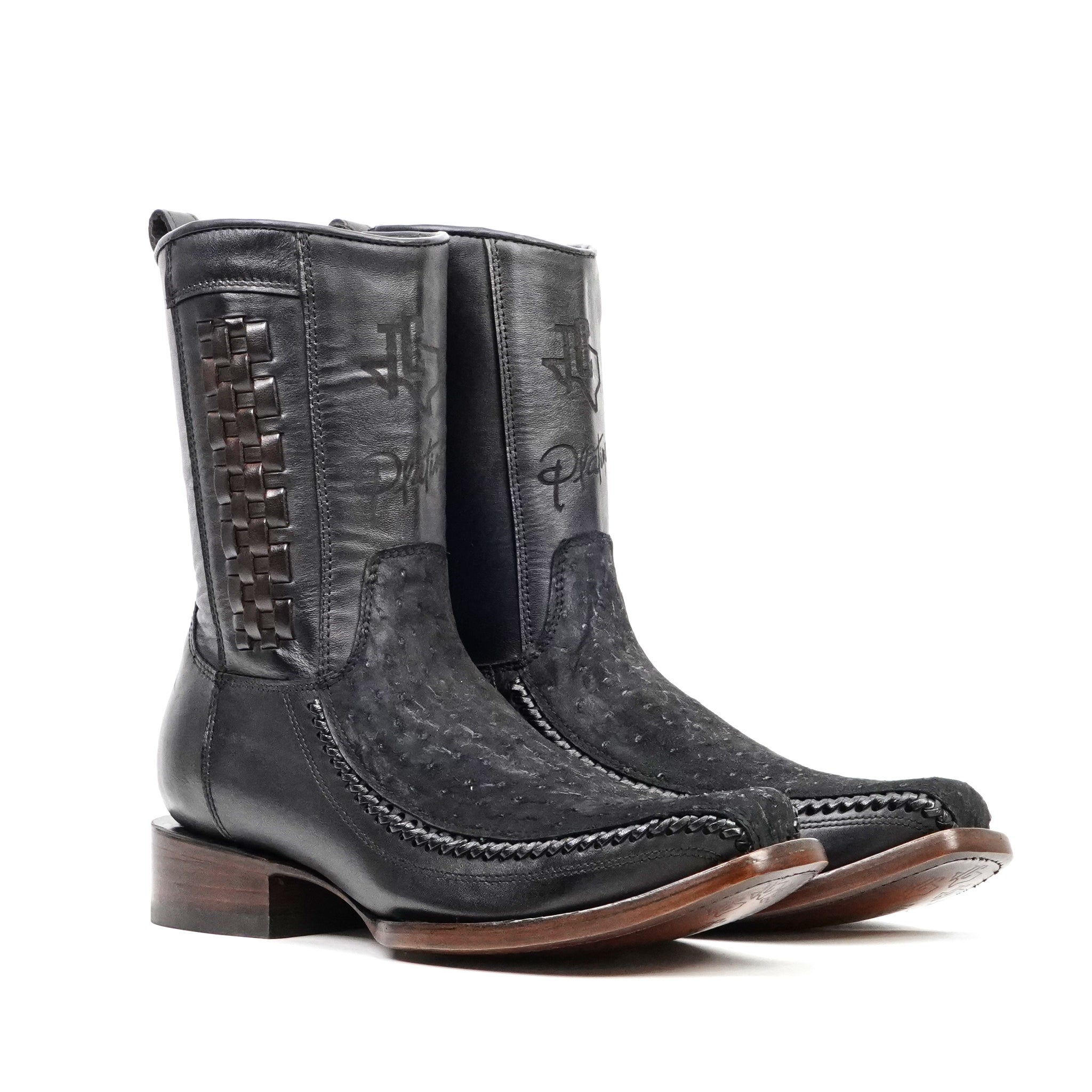 Platinum Ostrich Nubuck Black Zip Ankle Boots - Narrow Square Toe
