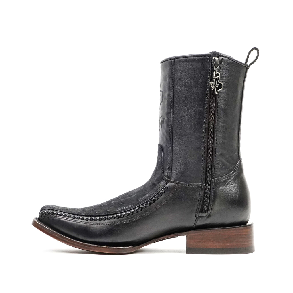 Platinum Ostrich Nubuck Black Zip Ankle Boots - Narrow Square Toe