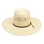 Beige straw hat with a wide brim on a white background