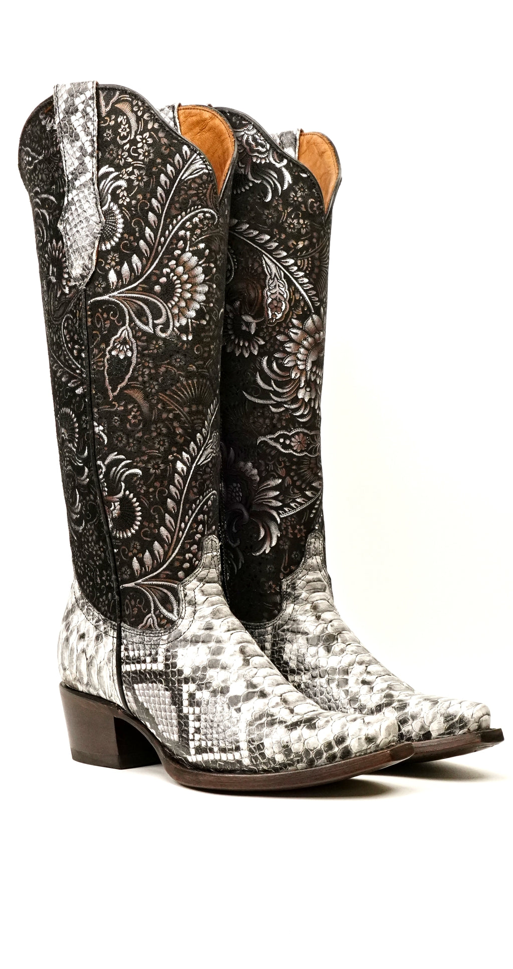 Marcie - Botas vaqueras Python Natural - Piel grabada - Caña alta - Punta fina (E867)