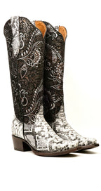 Marcie - Botas vaqueras Python Natural - Piel grabada - Caña alta - Punta fina (E867)