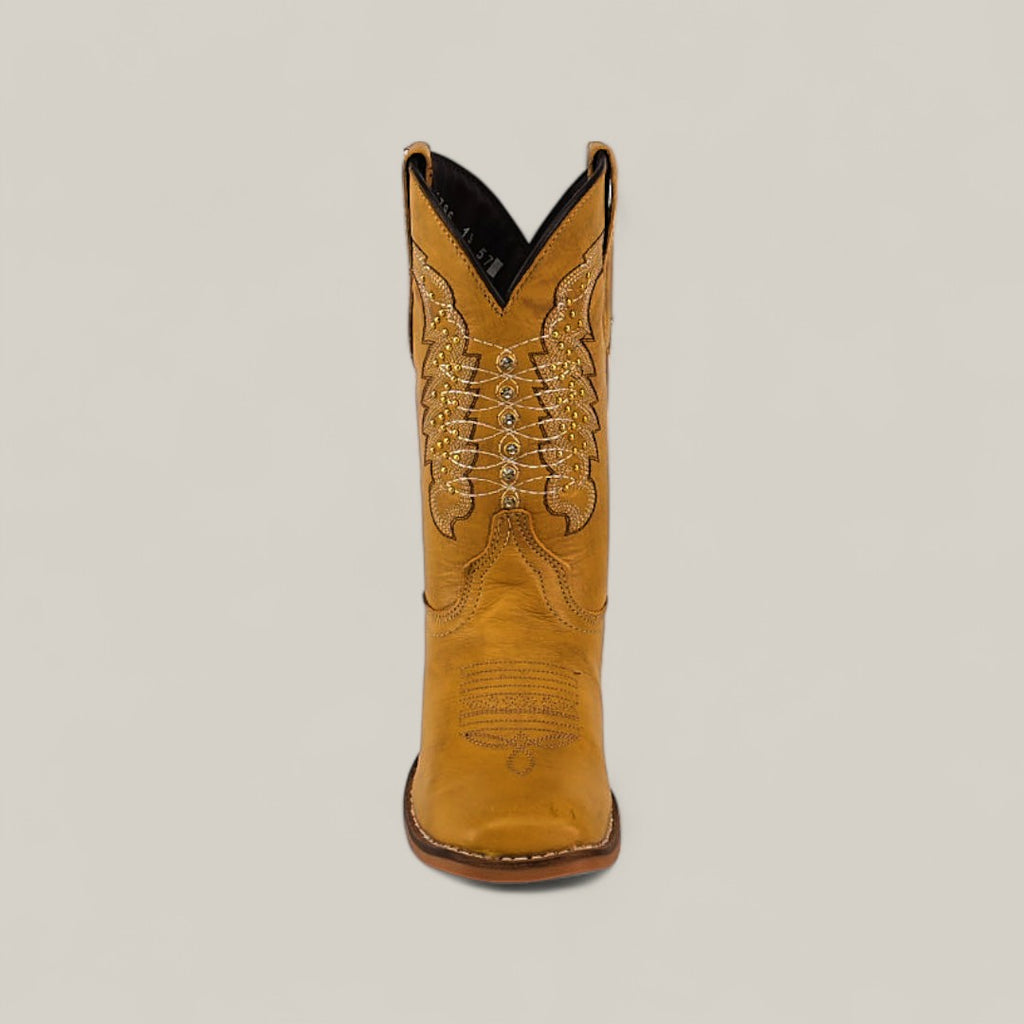 A single Orion Yellow - Square Toe kids boot with decorative stitching, shown from the front against a plain light background.