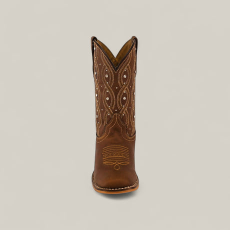 Front view of the Premiere Texas Copper - Square Toe Kids Boot in brown, featuring decorative white stitching and classic Texas style, displayed against a plain light background.