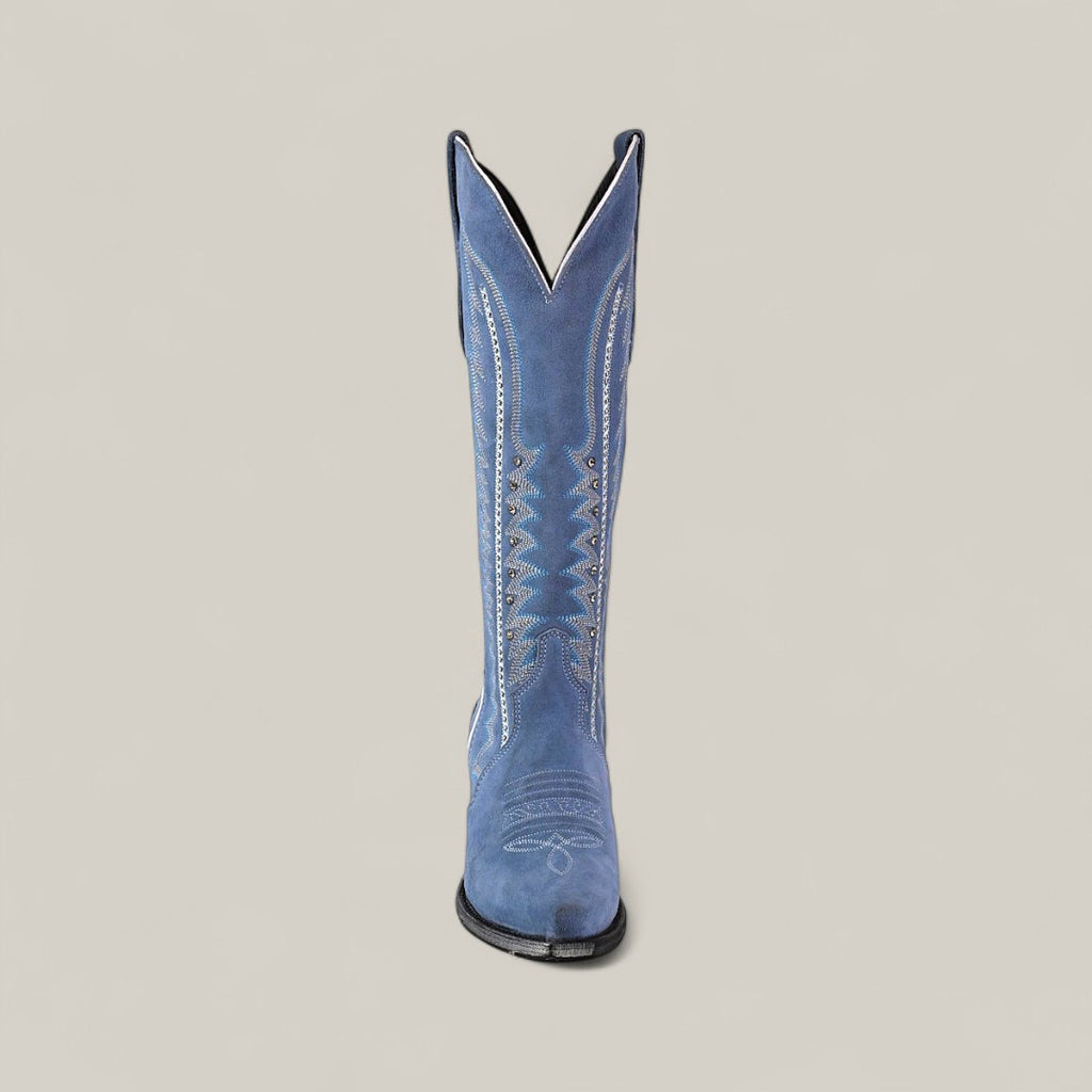 The Elizabeth Light Blue - Tall Shaft - Snip Toe boot is shown standing upright on a plain background, featuring white decorative stitching and a stylish design that makes a bold statement for women.