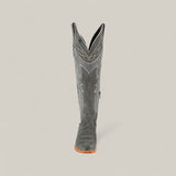 The Celine Gray - Tall Shaft - Snip Toe women’s black leather cowboy boot features white decorative stitching, a snip toe, and a wooden sole. Shown from the front on a plain light background.