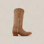 The Miranda Suede Khaki Leather Sole Boot features a mid shaft, snip toe, and decorative stitching. Shown in profile with a stacked wooden heel against a plain light beige background.