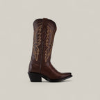 The Miranda Clayton Brownie Leather Sole Mid Shaft Boot with snip toe is shown on a plain light background, featuring decorative yellow stitching and an angled heel.