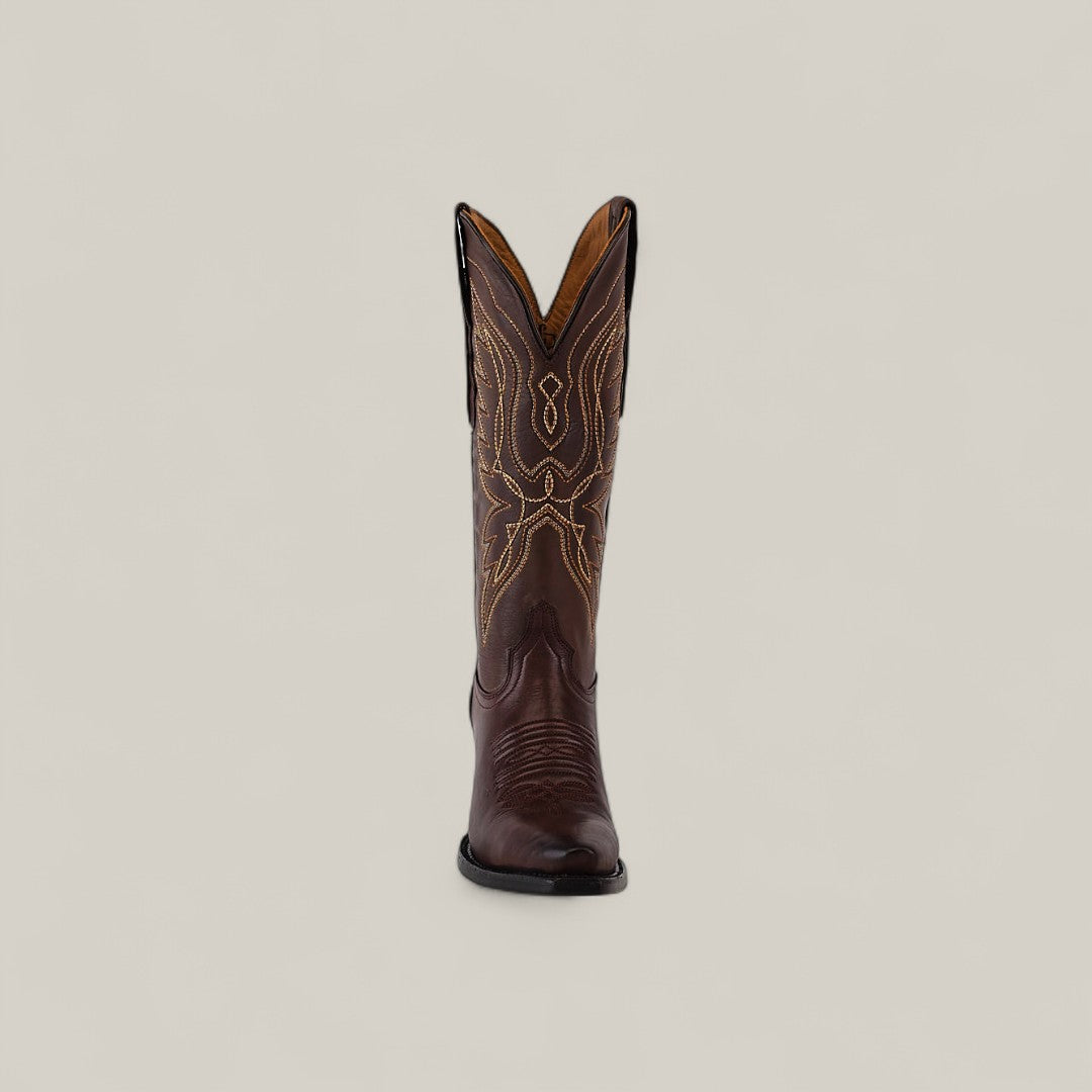 Front view of the Miranda Clayton Brownie boot with beige stitching on the mid shaft, a snip toe, and a classic leather sole, set against a plain light background.