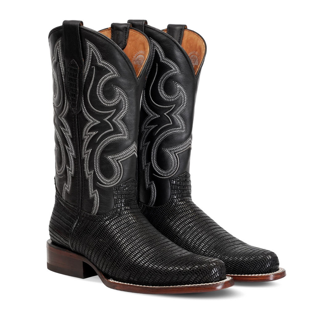 Lizard Black Boots - Embossed Leather - Roper Toe (E954)