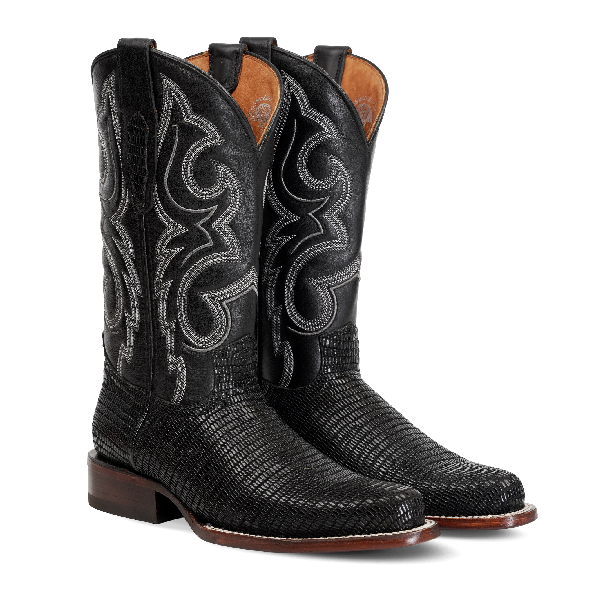 Lizard Black Boots - Embossed Leather - Roper Toe (E954)