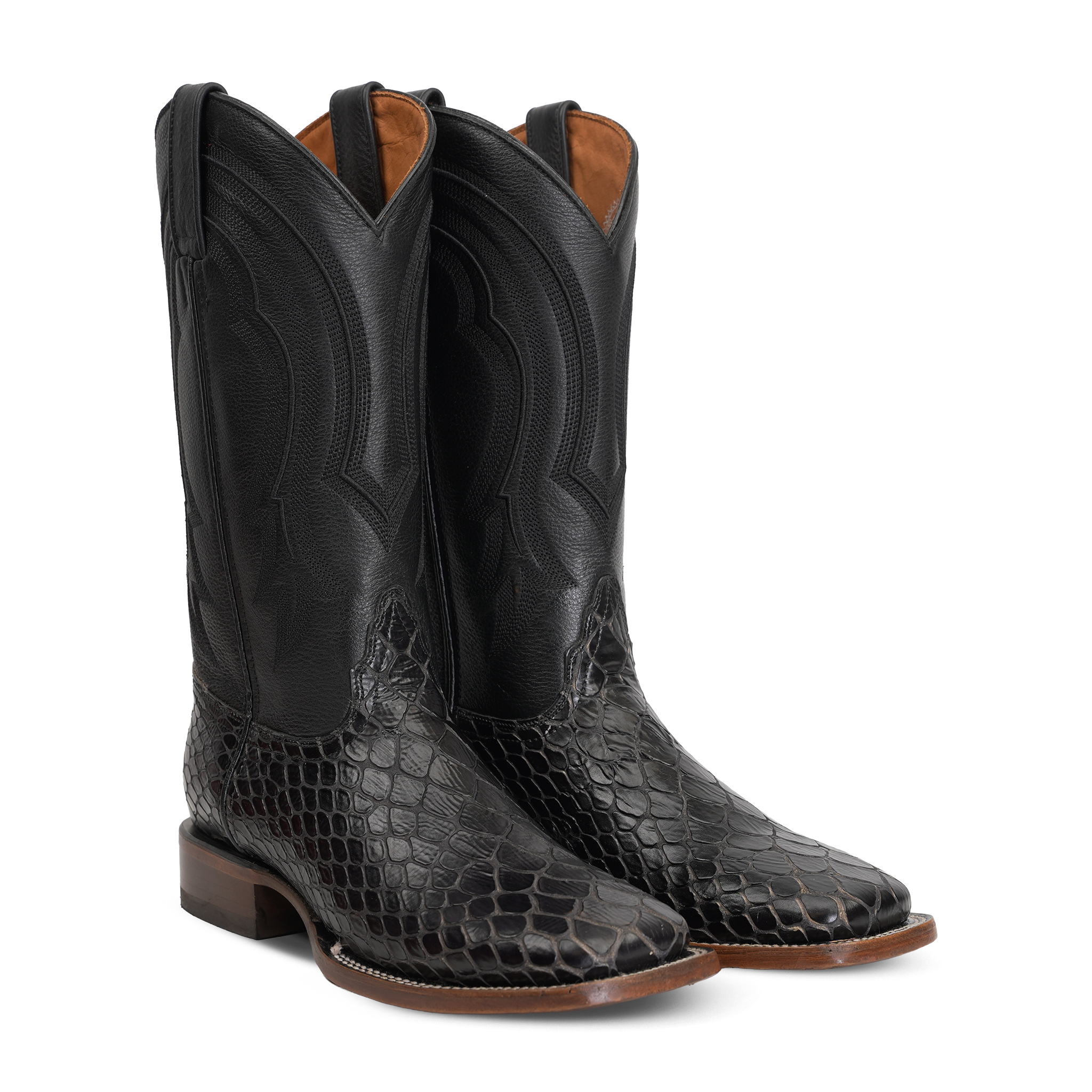 Snake Cowboy Boots- Black Embossed Leather - Square Toe (E947)