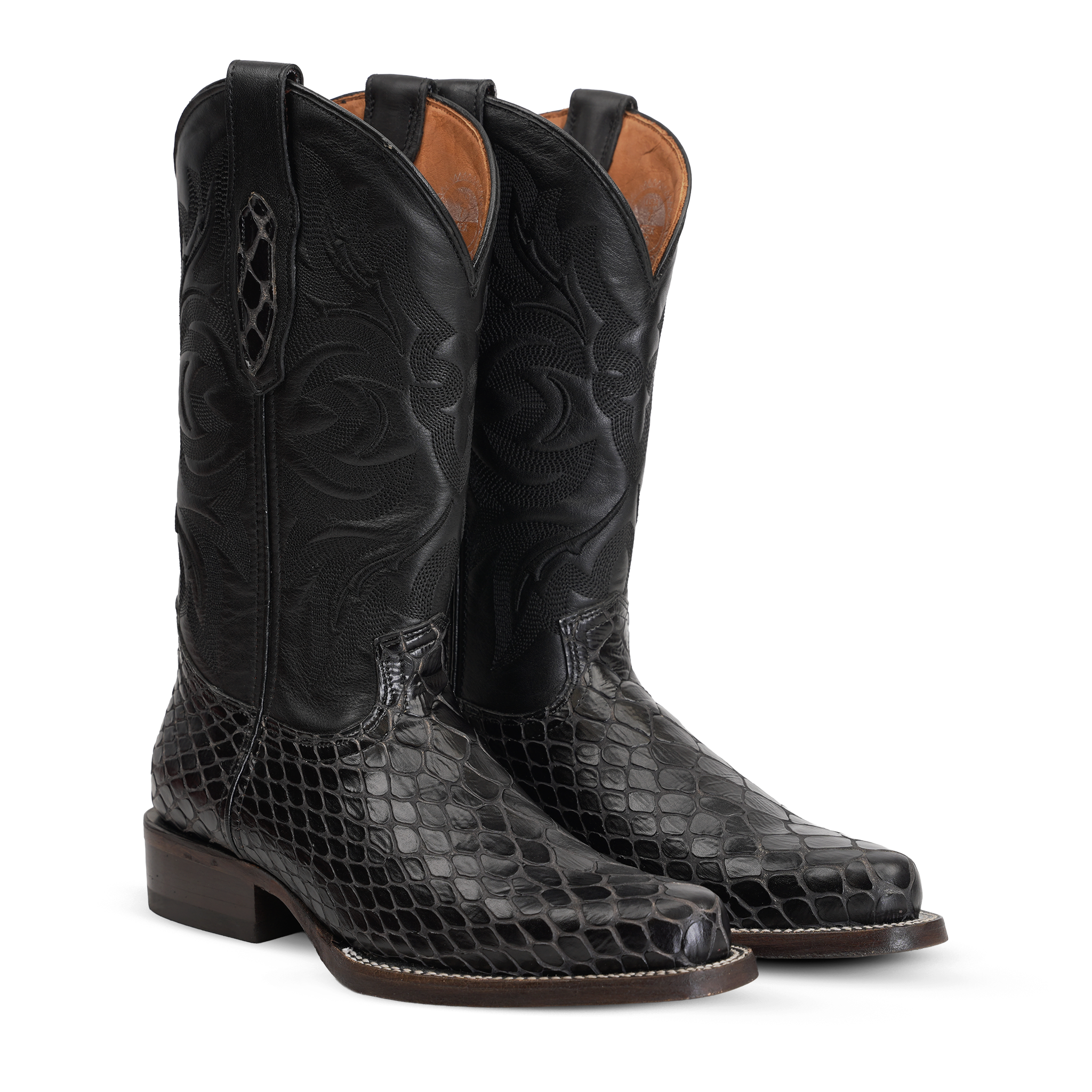 Snake Black Cowboy Boots - Embossed Leather - Roper Toe (E952)
