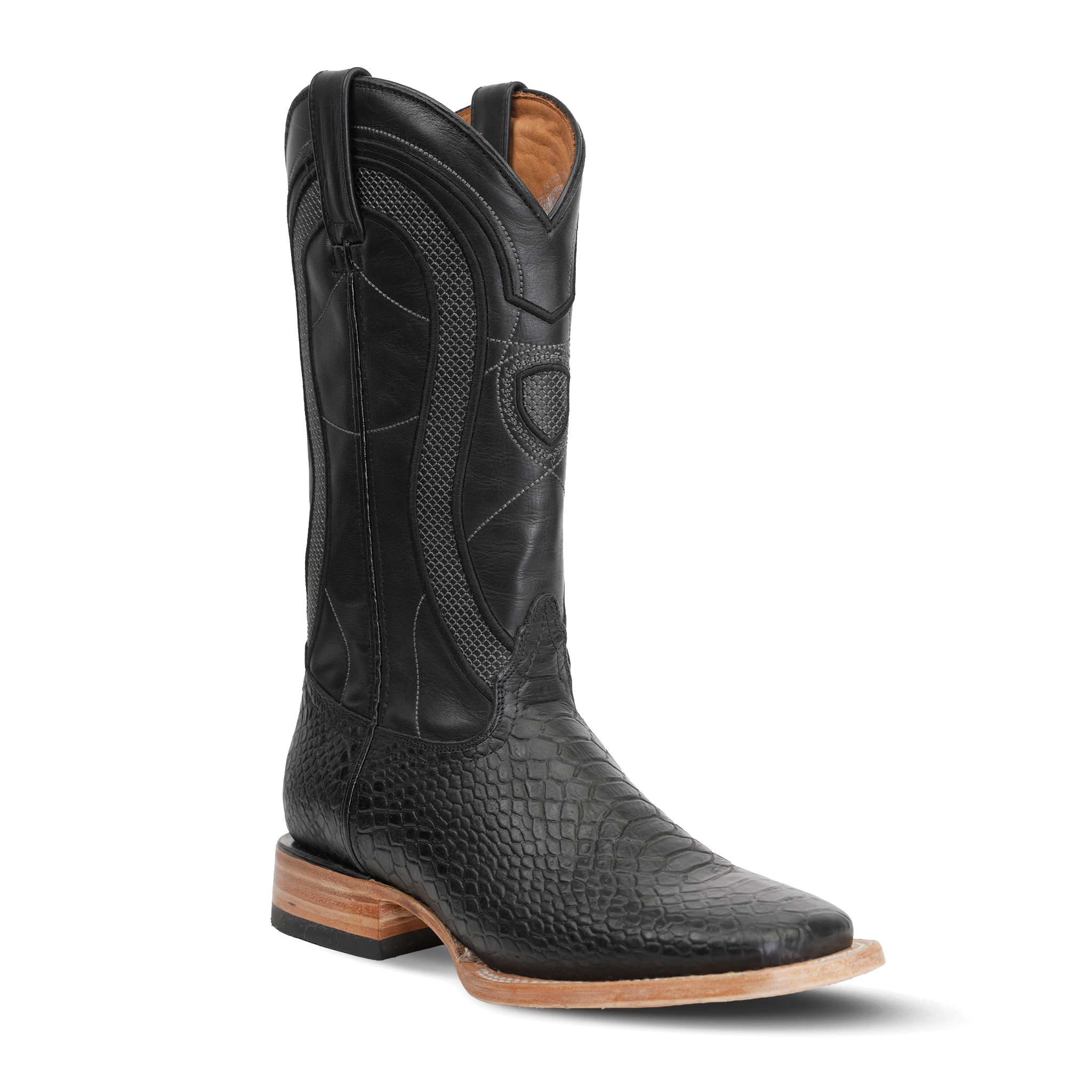Python Black Boots - Embossed Leather - Square Toe (E913)