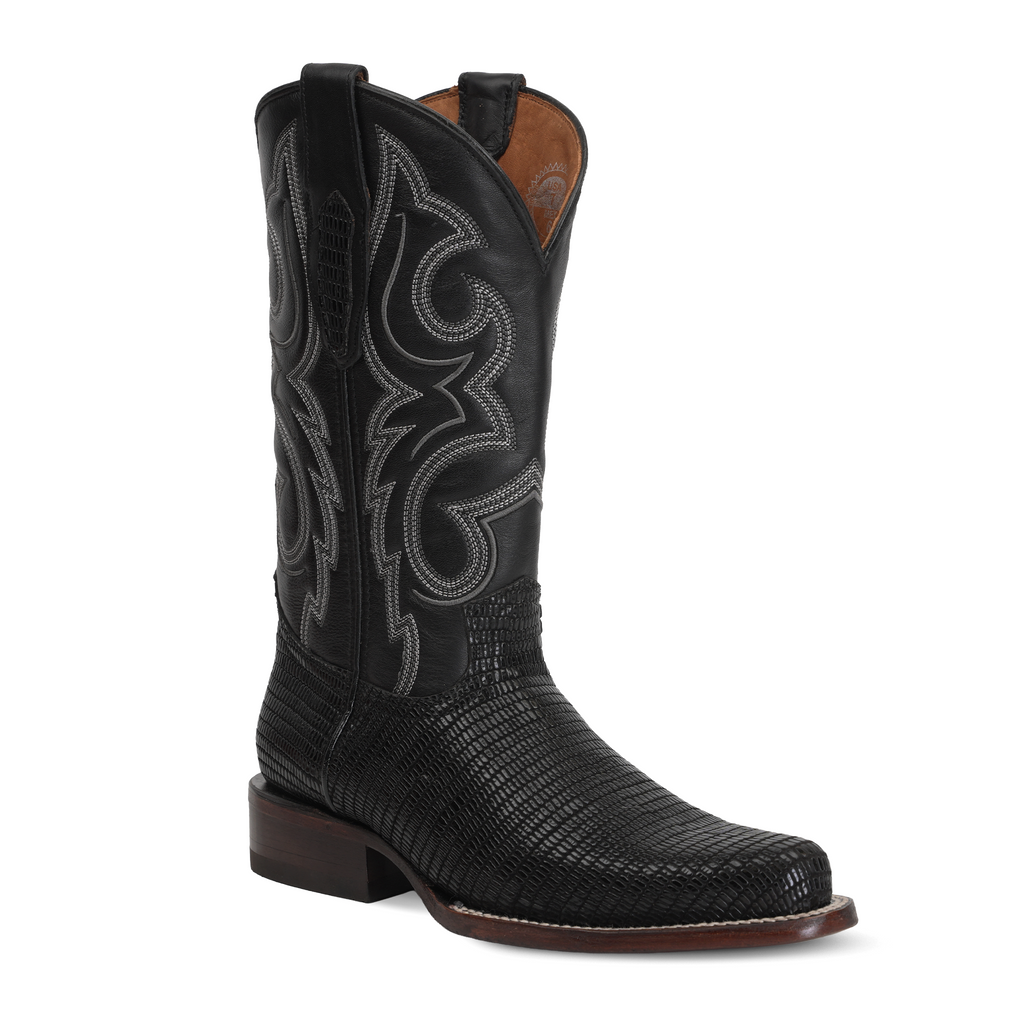 Lizard Black Boots - Embossed Leather - Roper Toe (E954)