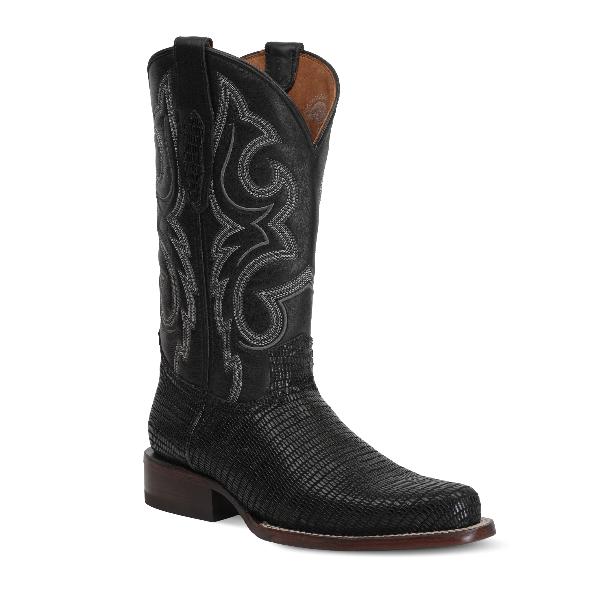 Lizard Black Boots - Embossed Leather - Roper Toe (E954)