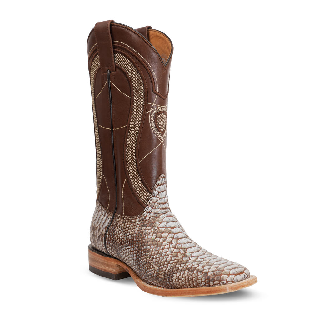 Python Natural Camel Boots - Embossed Leather - Square Toe (E913)