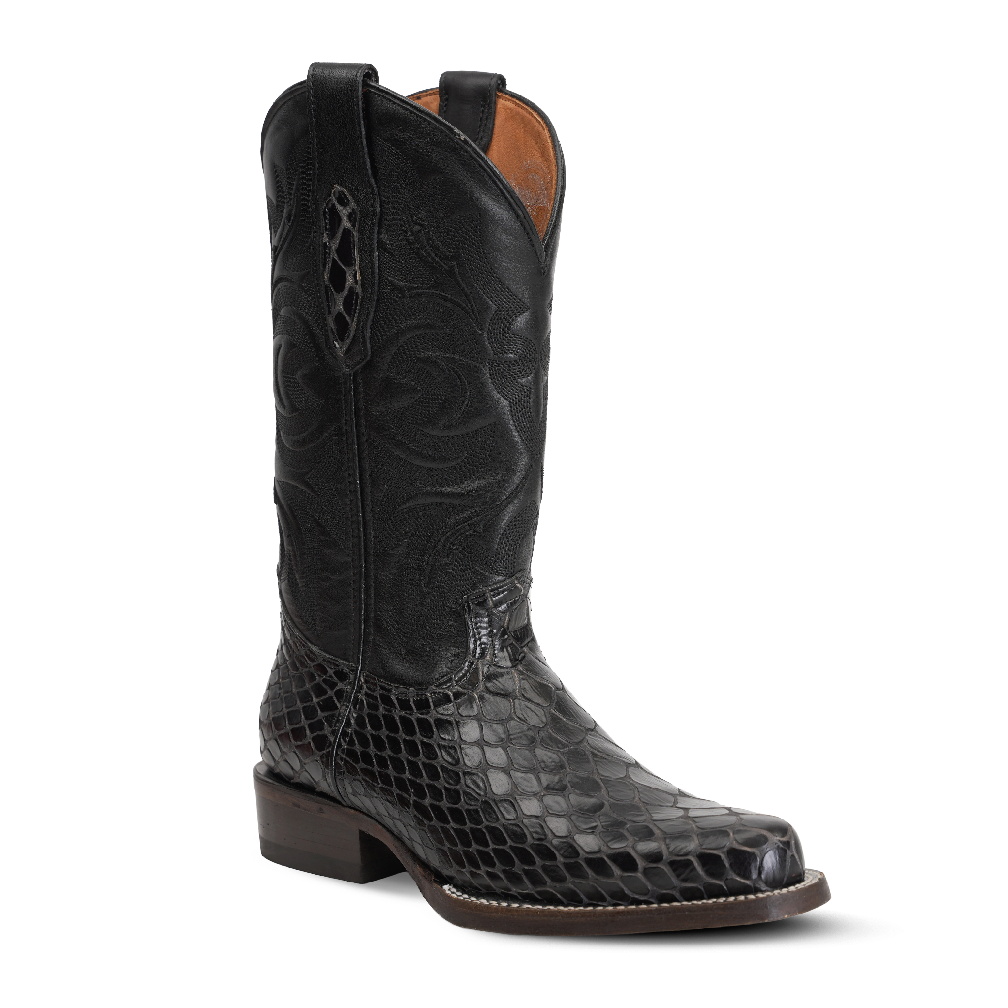 Snake Black Cowboy Boots - Embossed Leather - Roper Toe (E952)