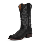 Lizard Black Boots - Embossed Leather - Roper Toe (E954)