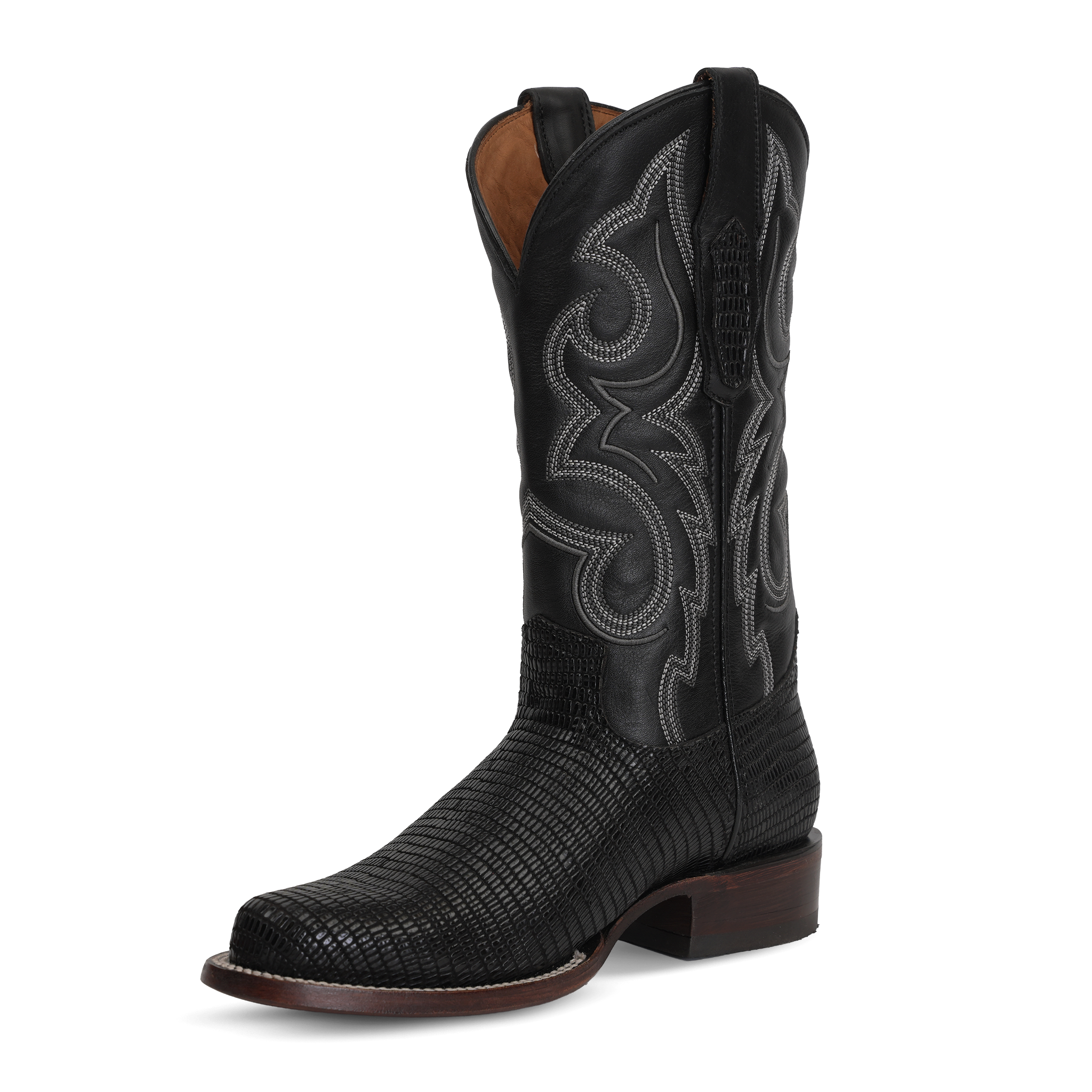 Lizard Black Boots - Embossed Leather - Roper Toe (E954)
