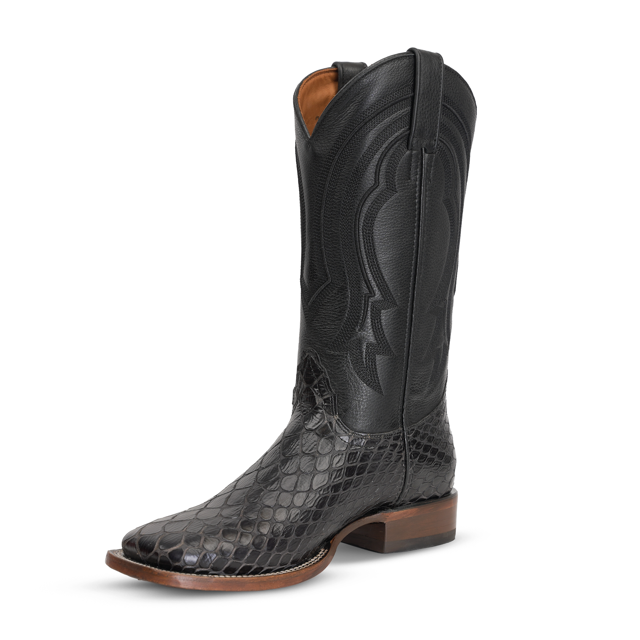Snake Cowboy Boots- Black Embossed Leather - Square Toe (E947)
