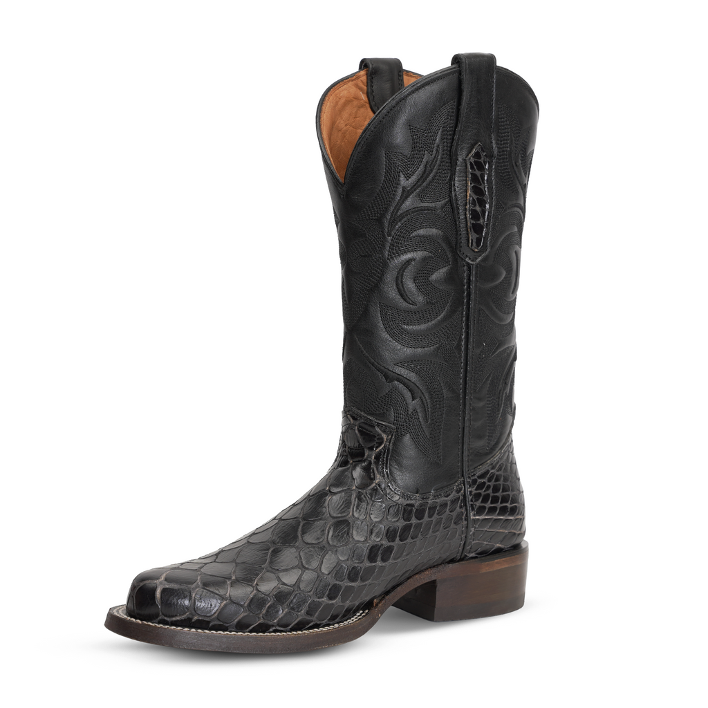 Snake Black Cowboy Boots - Embossed Leather - Roper Toe (E952)