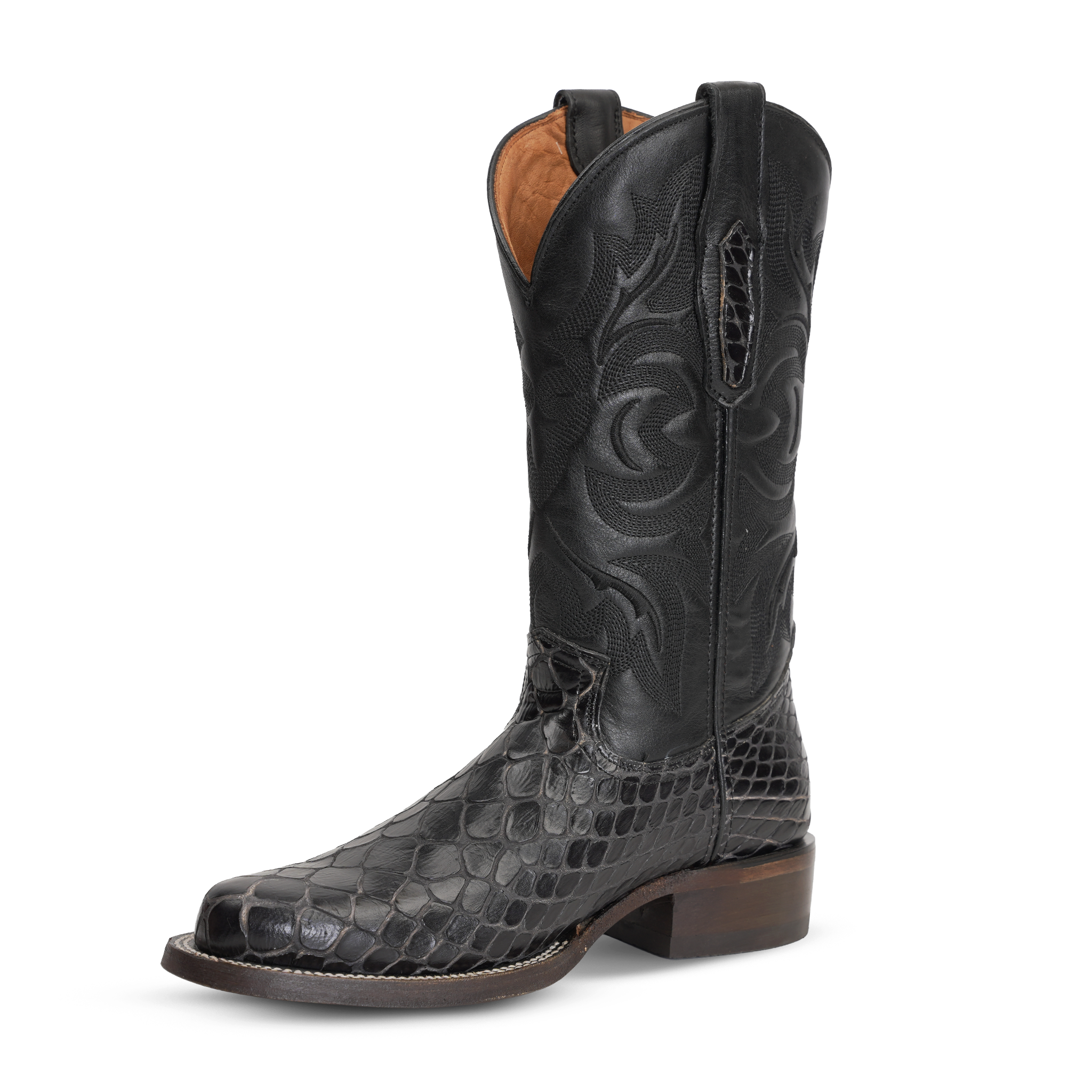 Snake Black Cowboy Boots - Embossed Leather - Roper Toe (E952)