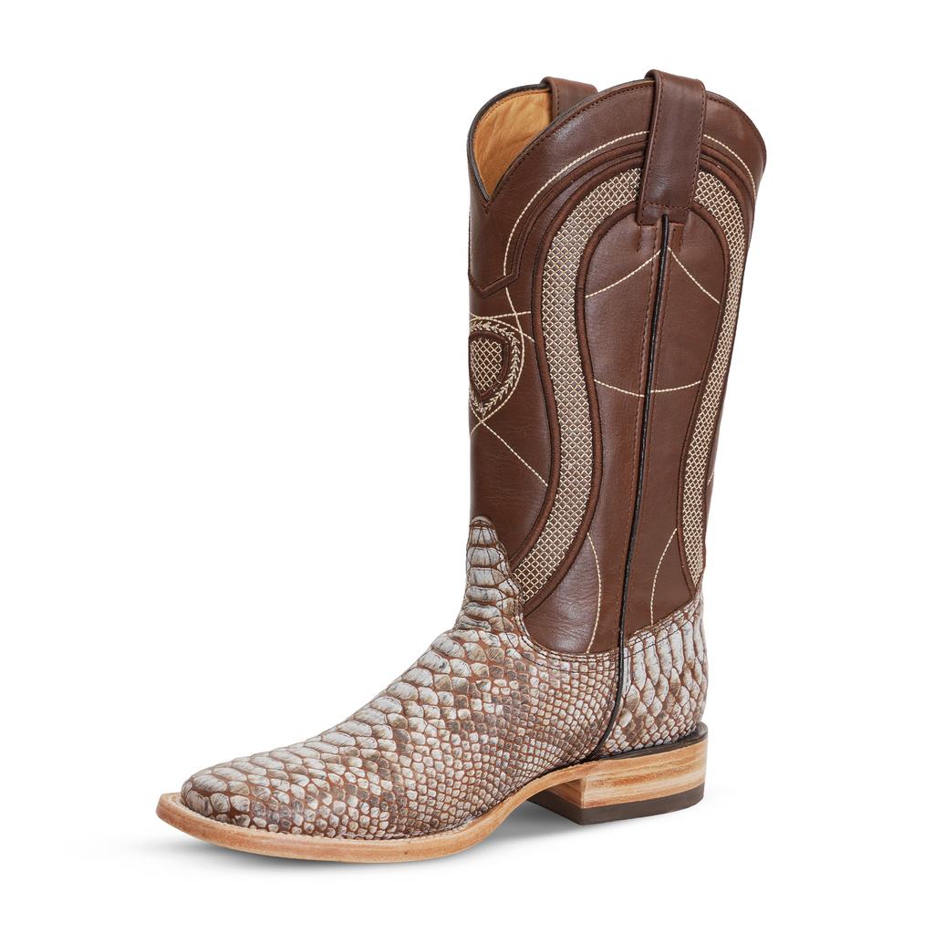 Python Natural Camel Boots - Embossed Leather - Square Toe (E913)