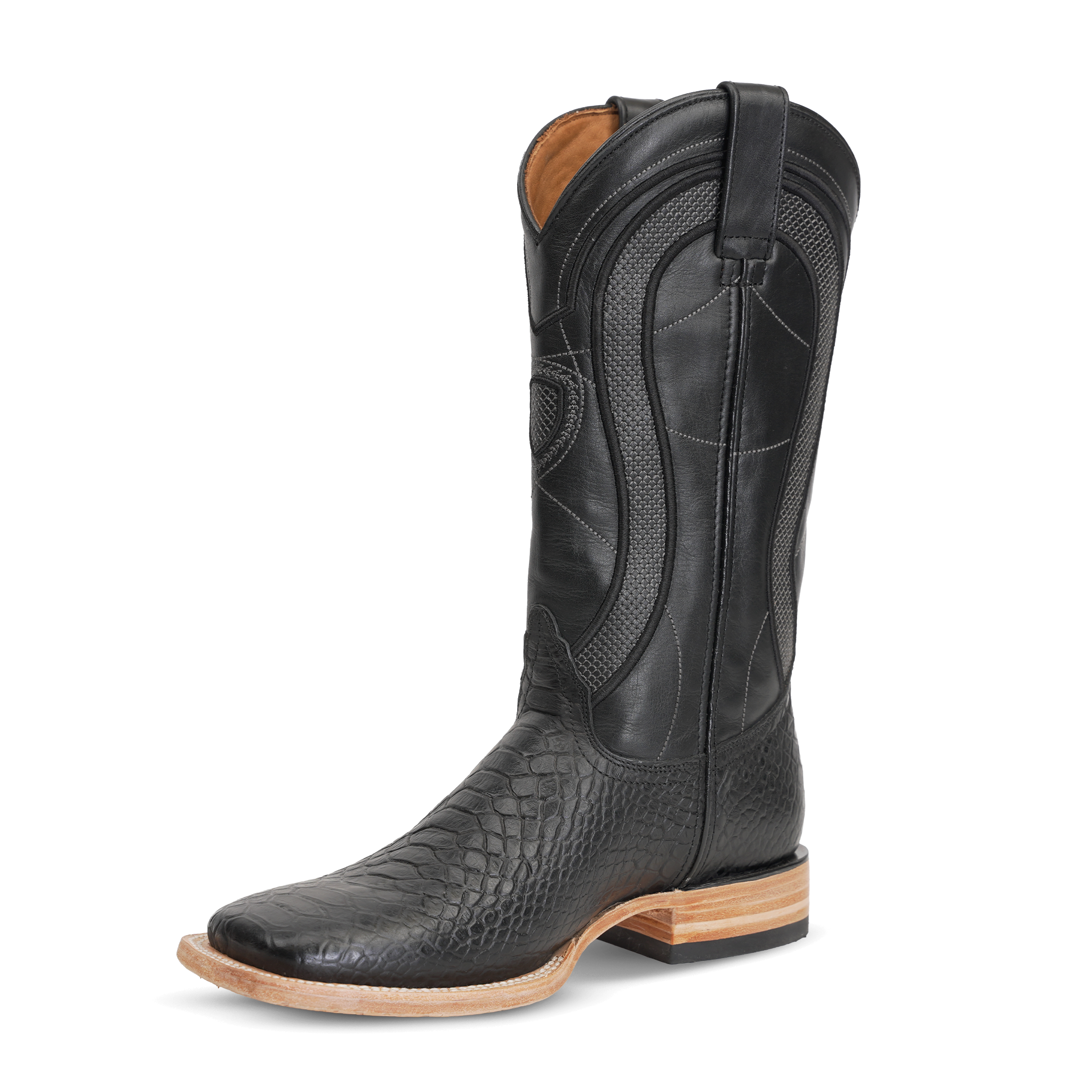 Python Black Boots - Embossed Leather - Square Toe (E913)