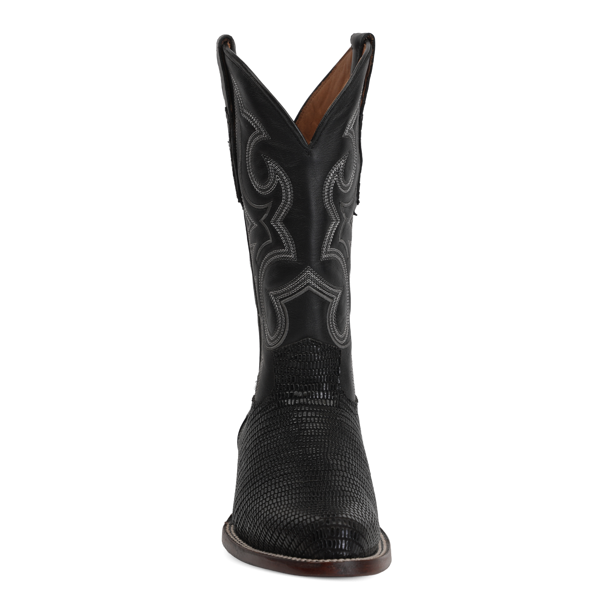 Lizard Black Boots - Embossed Leather - Roper Toe (E954)