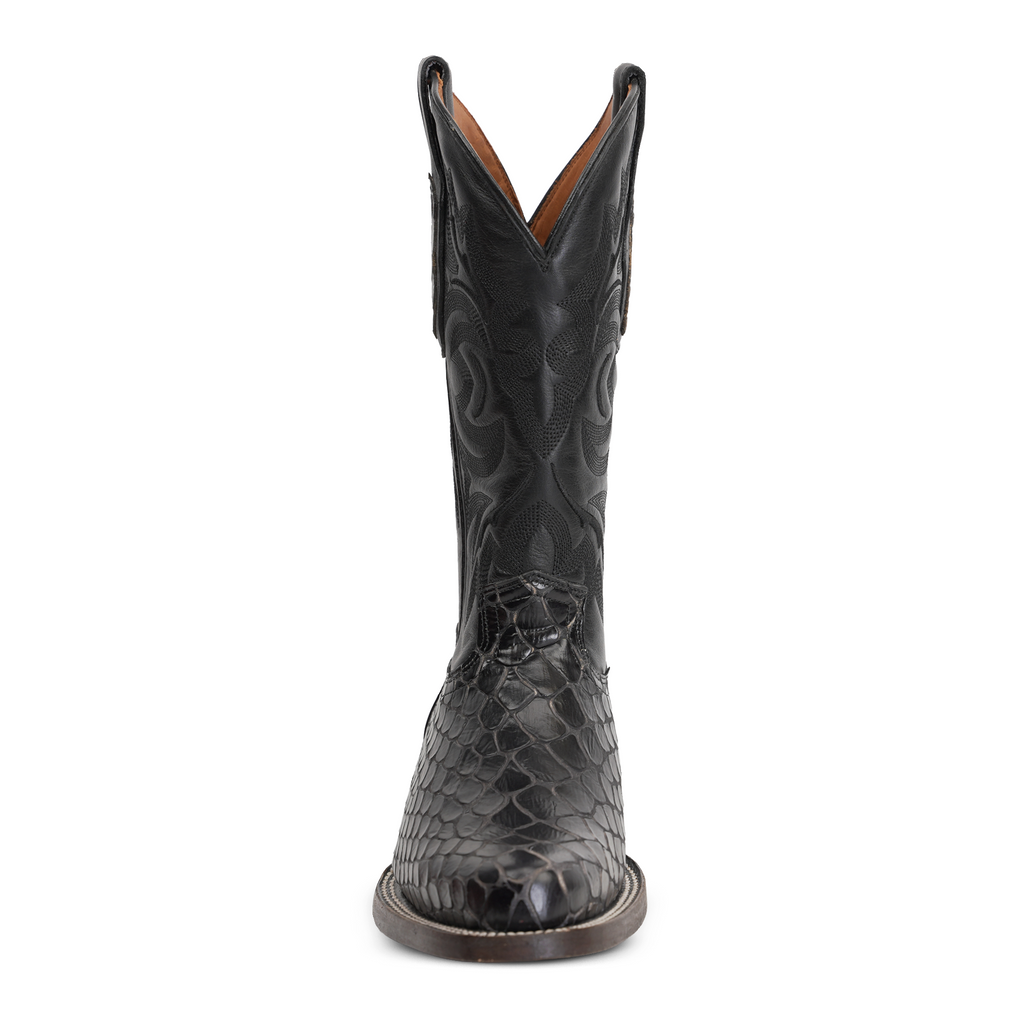 Snake Black Cowboy Boots - Embossed Leather - Roper Toe (E952)