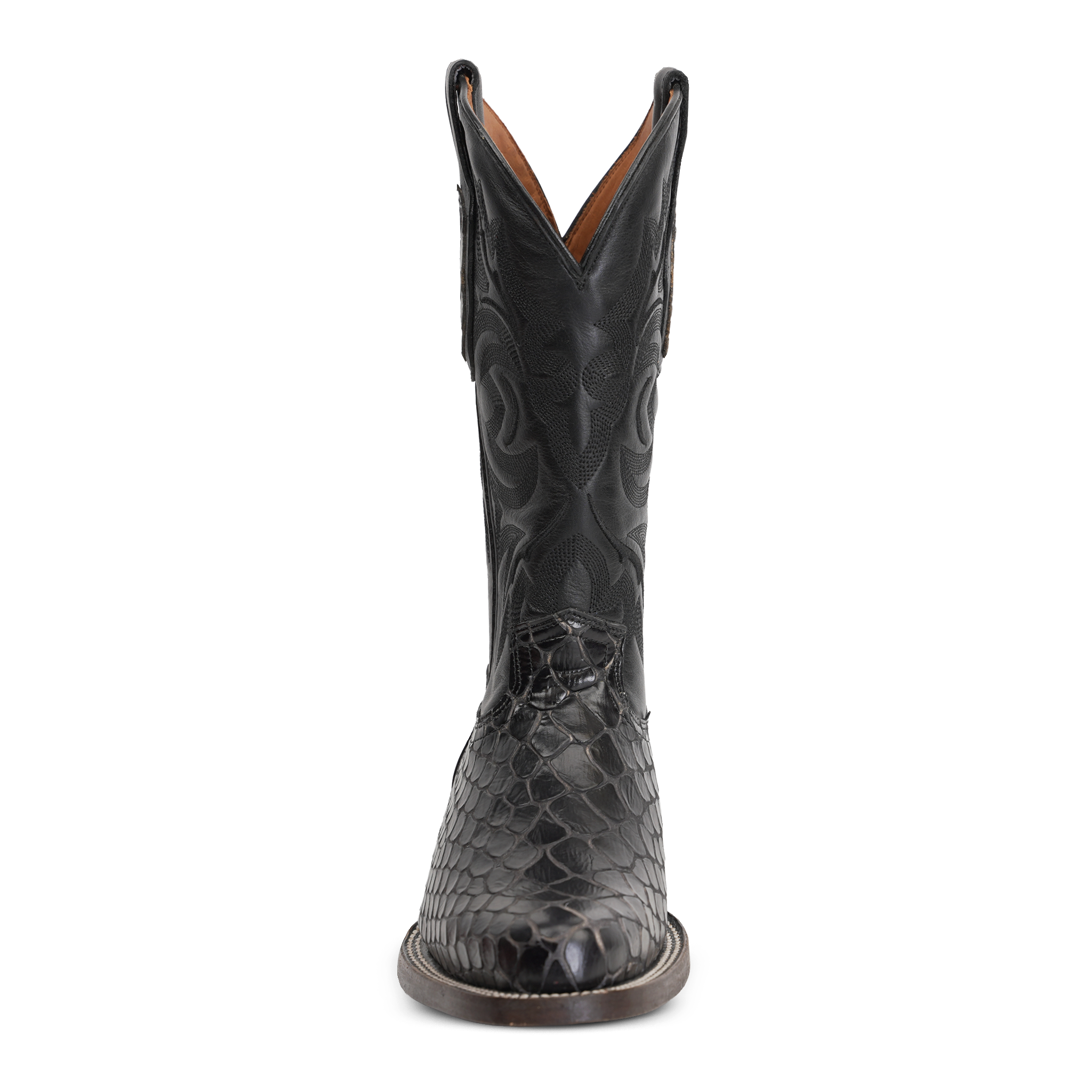 Snake Black Cowboy Boots - Embossed Leather - Roper Toe (E952)