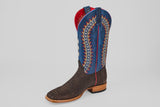 The Morgan - Matte Brown - Square Toe is a men’s cowboy boot from the Diamond Collection with a dark brown textured lower, blue upper with yellow, red, and white stitching, red lining, matte brown square toe, light wood sole, and low heel.