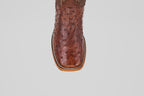 A close-up, top view of the Exotic Full Quilt Ostrich - Brown - Square Toe highlights its square toe, quilted ostrich pattern, and decorative edge stitching.