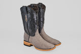 The Tanner - Matte Gray - Square Toe boots feature light tan Python Gris Nobuck snakeskin on the foot, black leather shafts with decorative stitching, wooden heels, and leather soles.