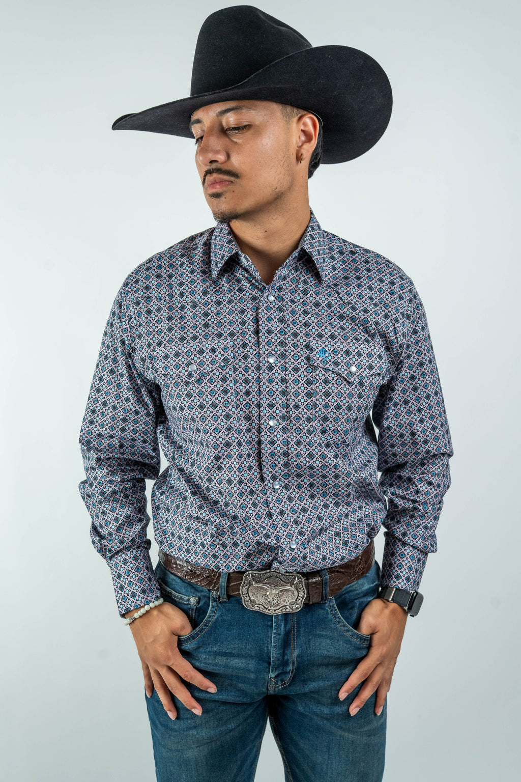 Texas Country - Gray Geometric Print Pearl Snap Long Sleeve Shirt (PS100L/T #1076)