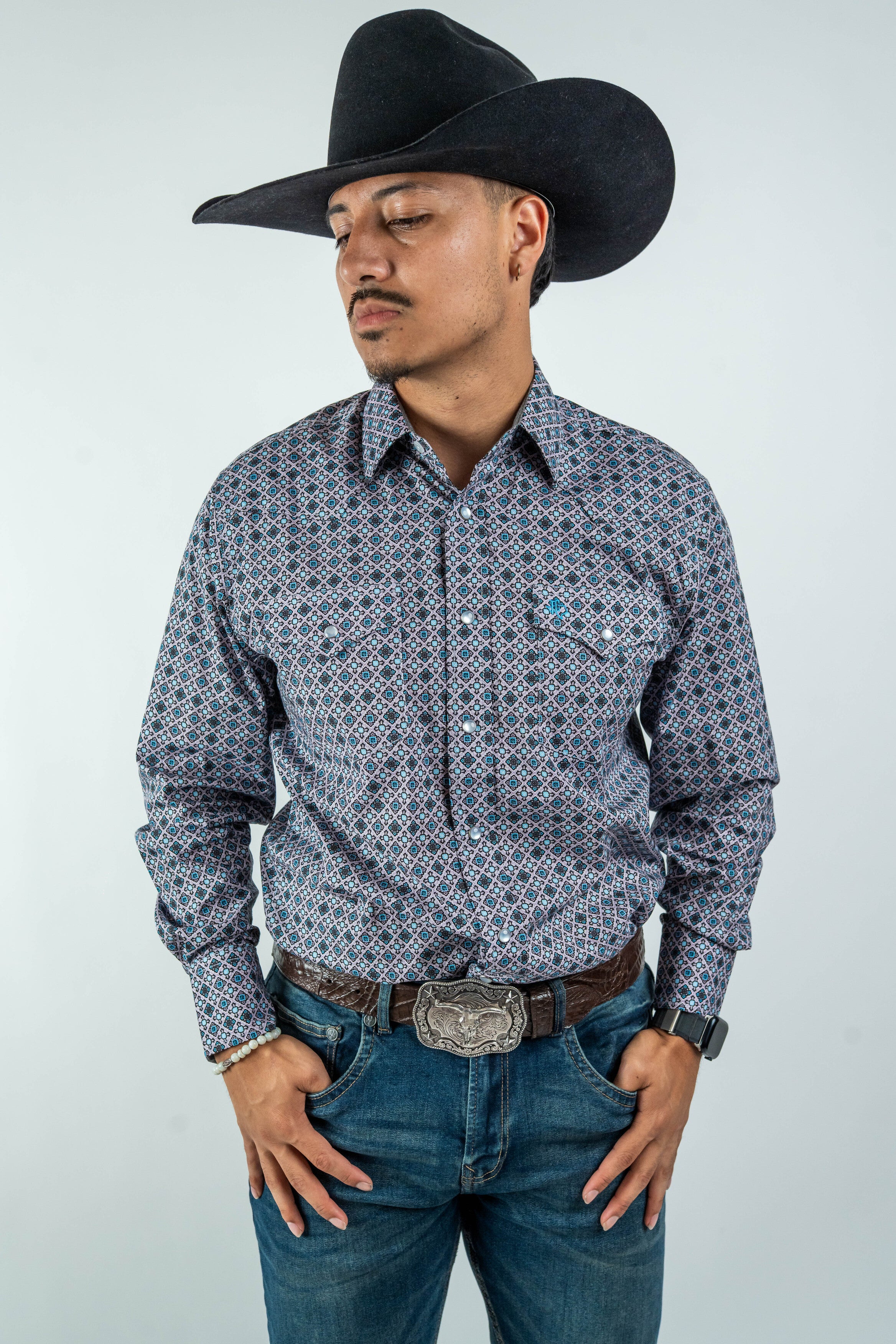 Texas Country - Gray Geometric Print Pearl Snap Long Sleeve Shirt (PS100L/T #1076)