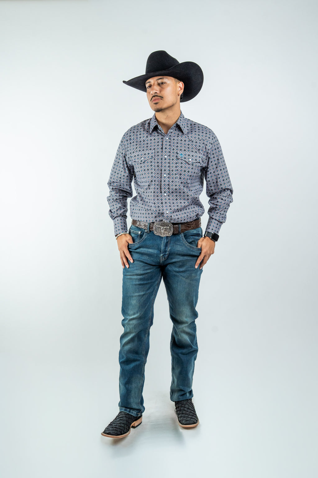 Texas Country - Gray Geometric Print Pearl Snap Long Sleeve Shirt (PS100L/T #1076)